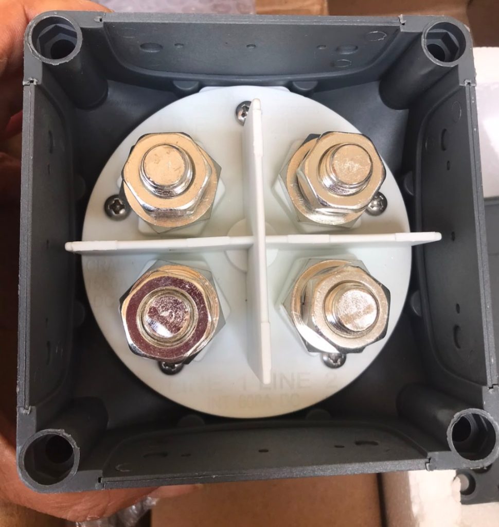 Rear terminal view of 720DP Double Pole Battery Switch 4 studs 48V 400A heavy duty marine grade